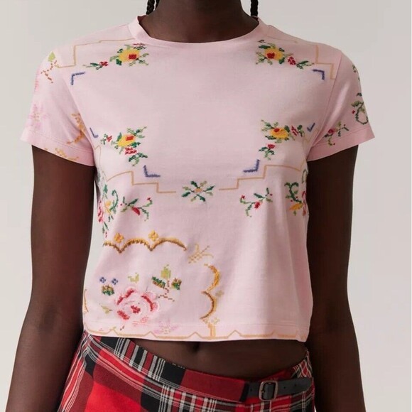 BDG Urban Outfitters Bennet Cropped Tee Top Embroidered Floral Printed XL 271281 - Picture 1 of 8
